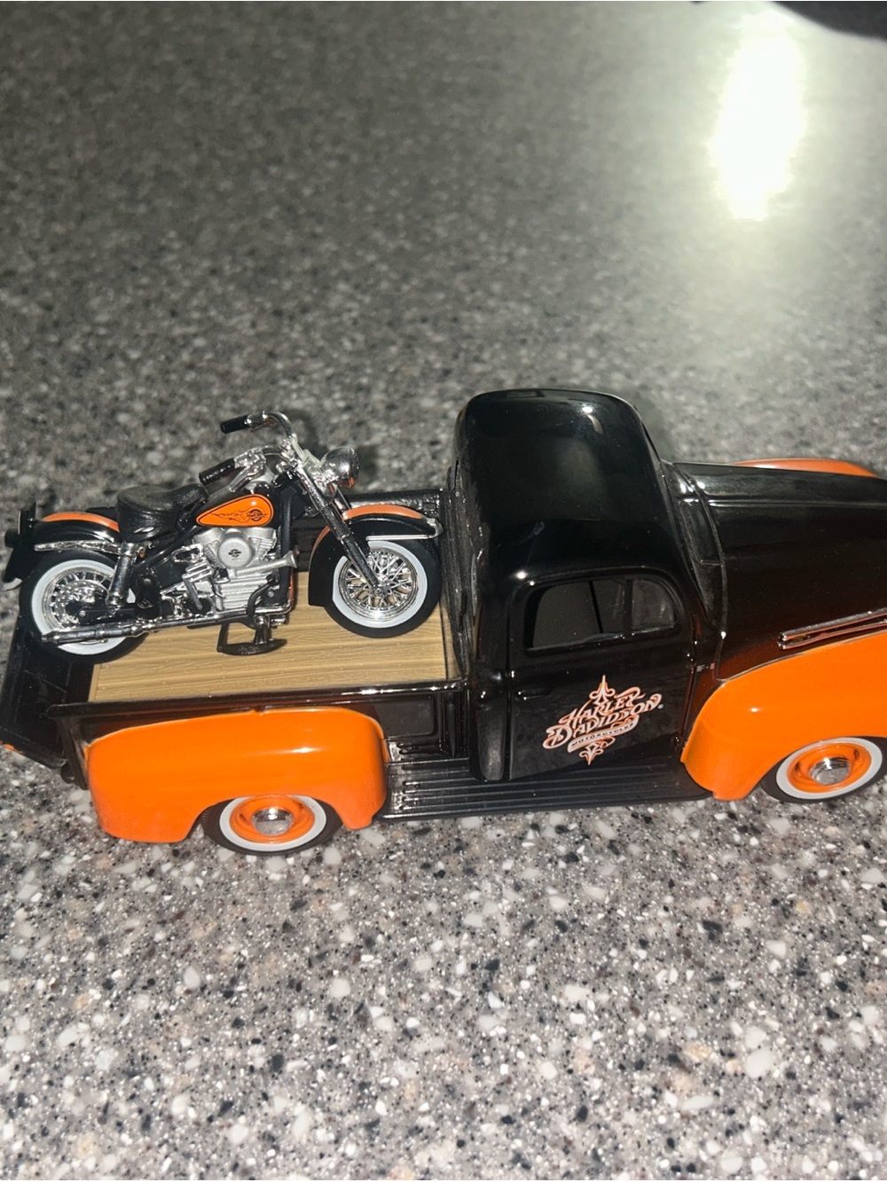 Harley-Davidson Black and Orange Truck with Motorcycle